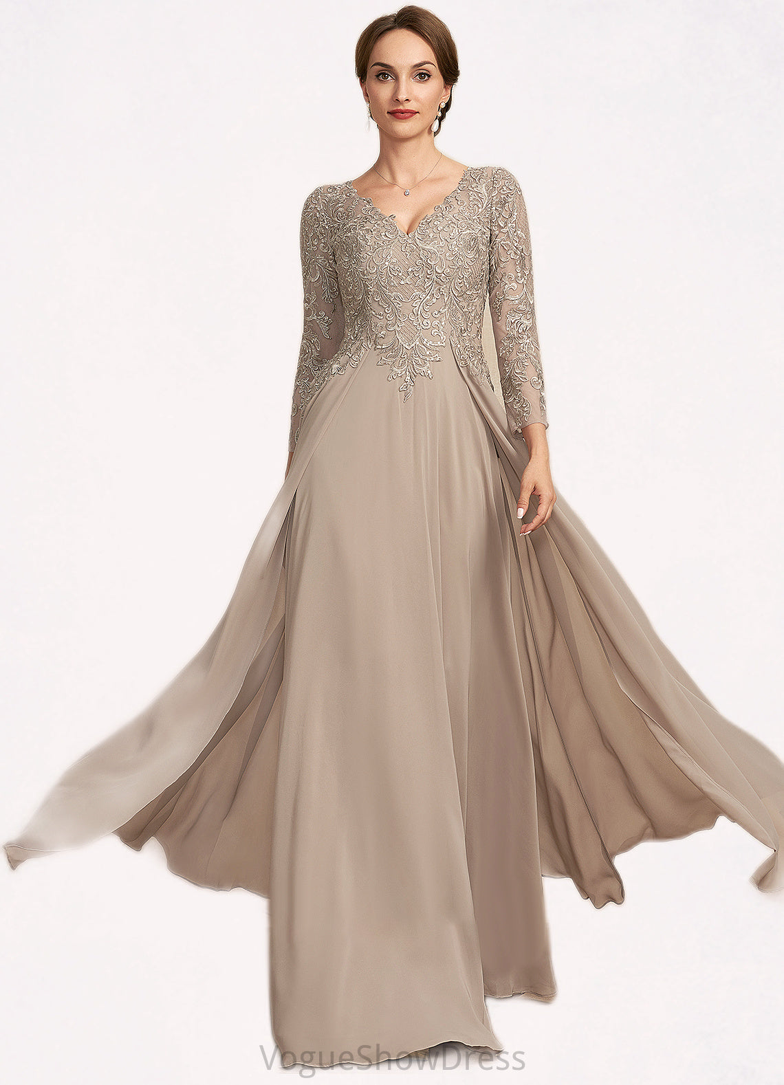 Elliana A-Line V-neck Floor-Length Chiffon Lace Mother of the Bride Dress DL126P0014754