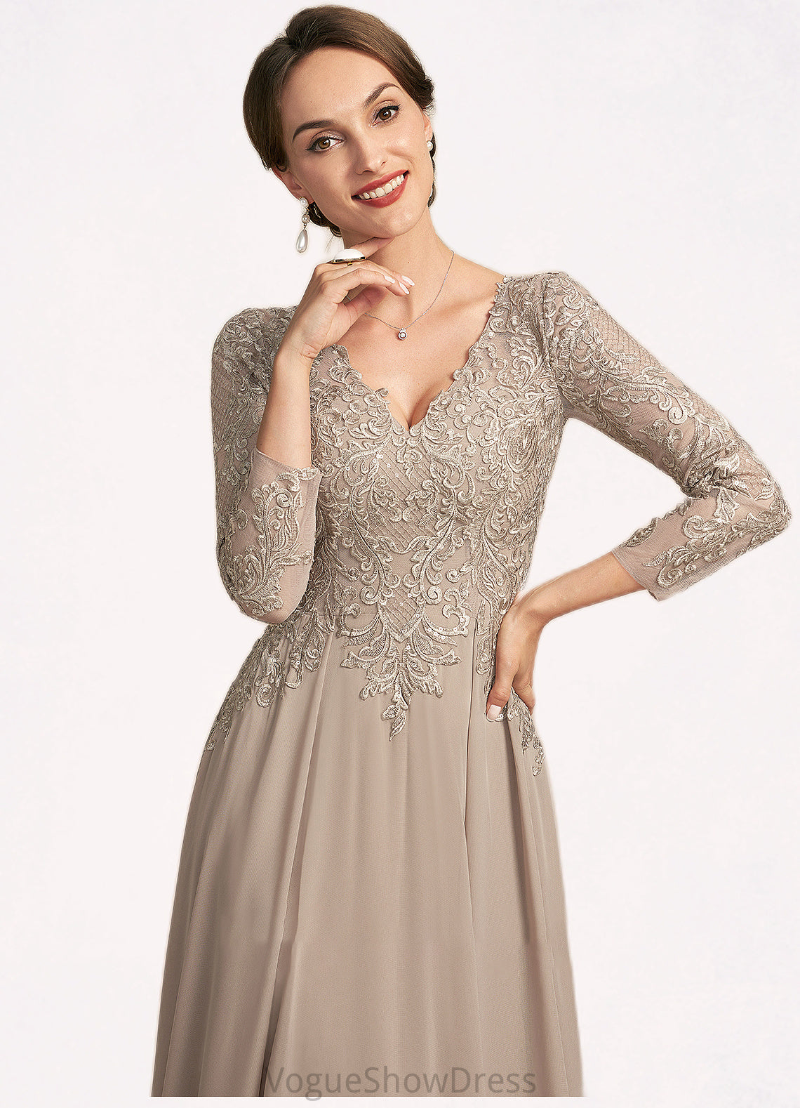 Elliana A-Line V-neck Floor-Length Chiffon Lace Mother of the Bride Dress DL126P0014754