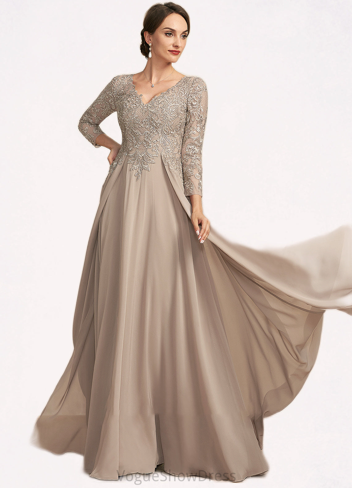 Elliana A-Line V-neck Floor-Length Chiffon Lace Mother of the Bride Dress DL126P0014754