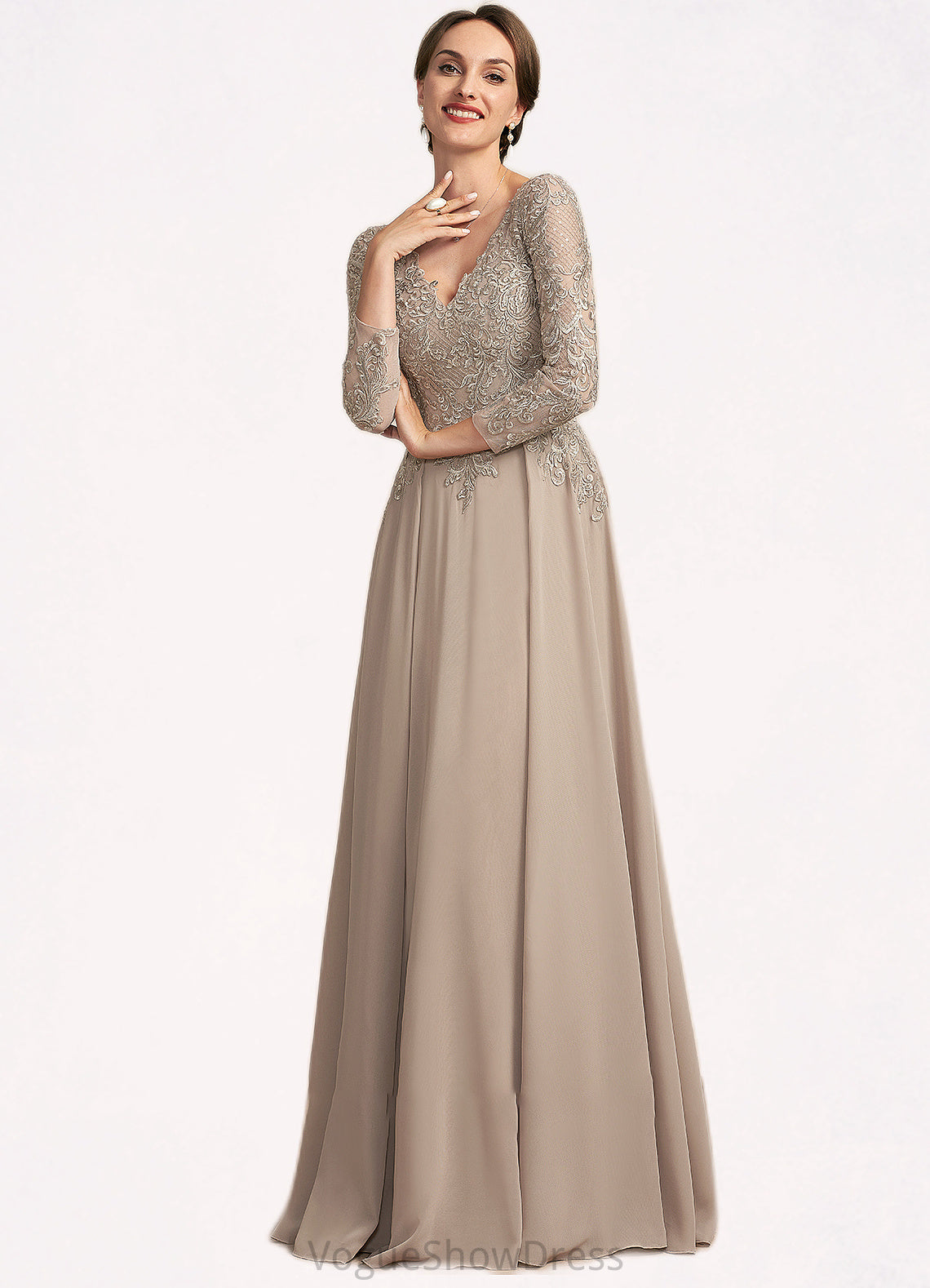 Elliana A-Line V-neck Floor-Length Chiffon Lace Mother of the Bride Dress DL126P0014754