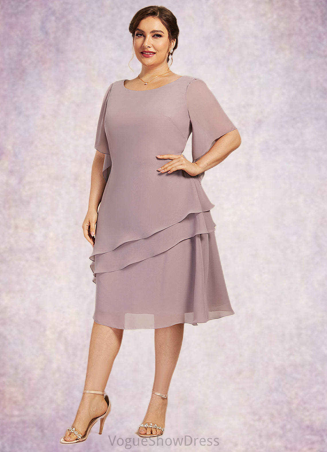 Azaria A-Line Scoop Neck Knee-Length Chiffon Mother of the Bride Dress With Cascading Ruffles DL126P0014755