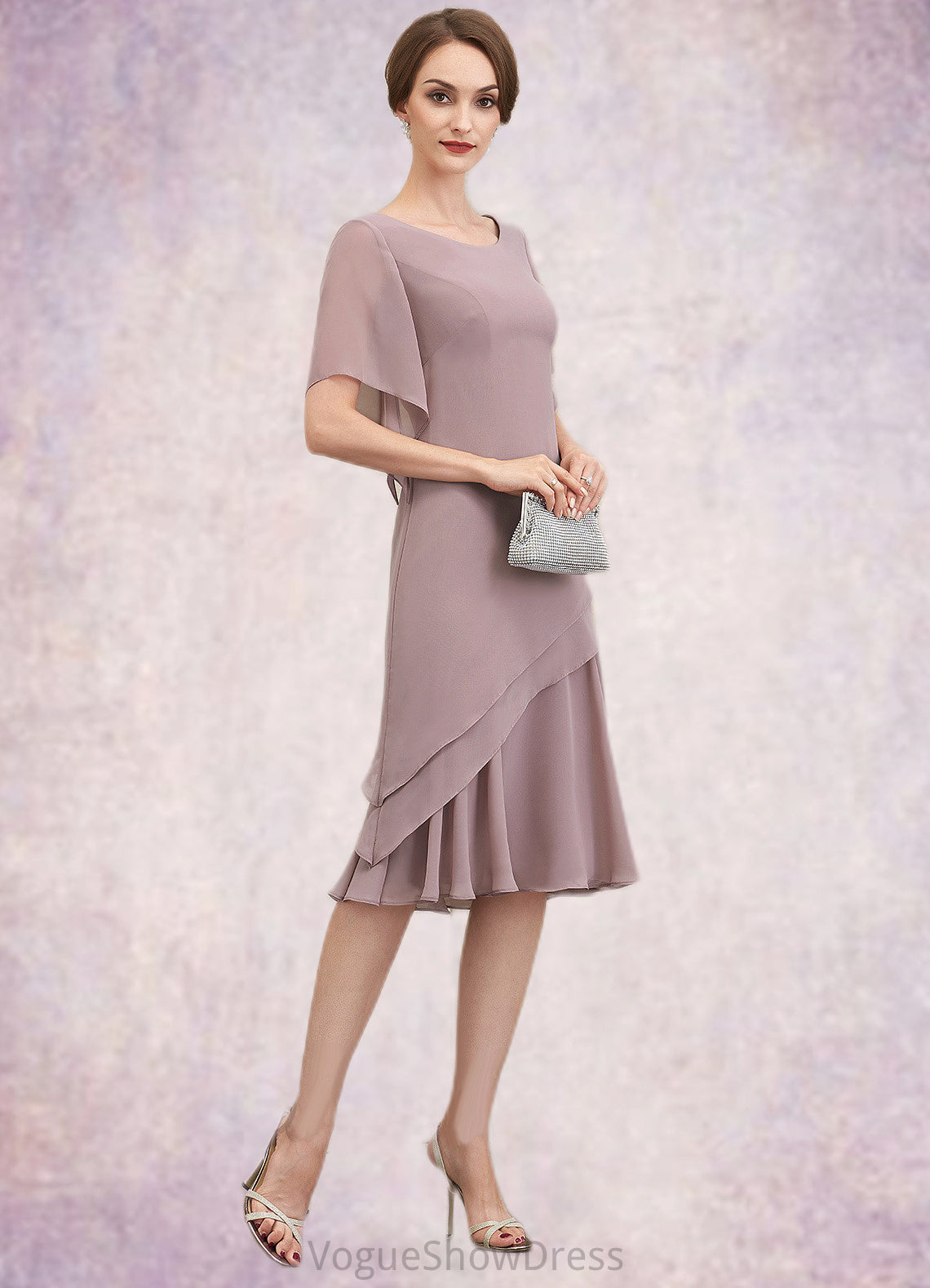 Azaria A-Line Scoop Neck Knee-Length Chiffon Mother of the Bride Dress With Cascading Ruffles DL126P0014755