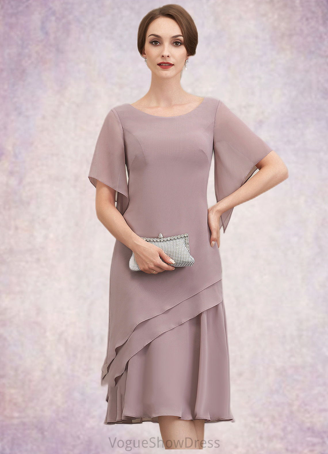 Azaria A-Line Scoop Neck Knee-Length Chiffon Mother of the Bride Dress With Cascading Ruffles DL126P0014755