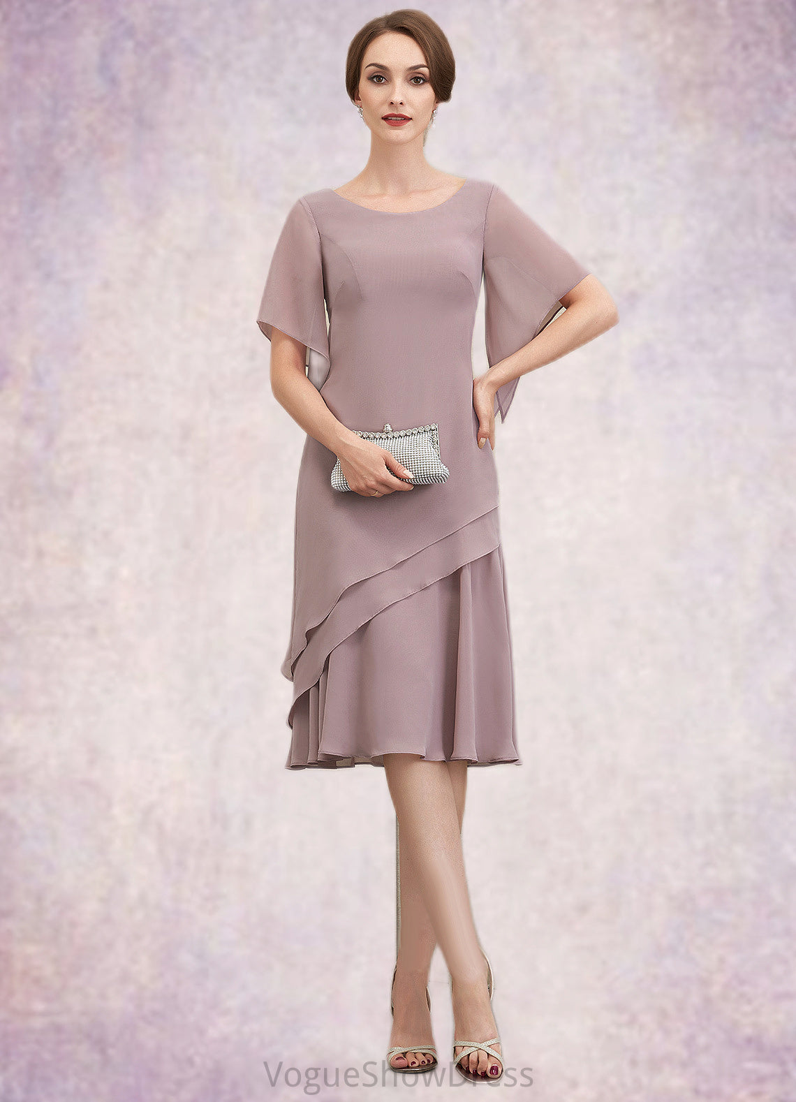 Azaria A-Line Scoop Neck Knee-Length Chiffon Mother of the Bride Dress With Cascading Ruffles DL126P0014755