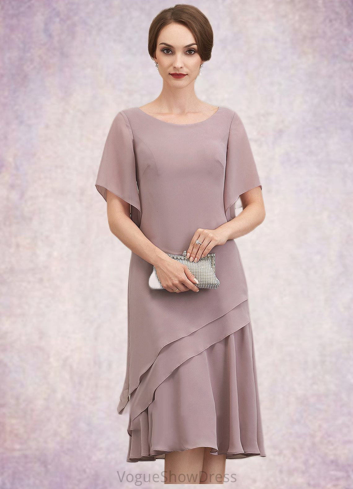 Azaria A-Line Scoop Neck Knee-Length Chiffon Mother of the Bride Dress With Cascading Ruffles DL126P0014755