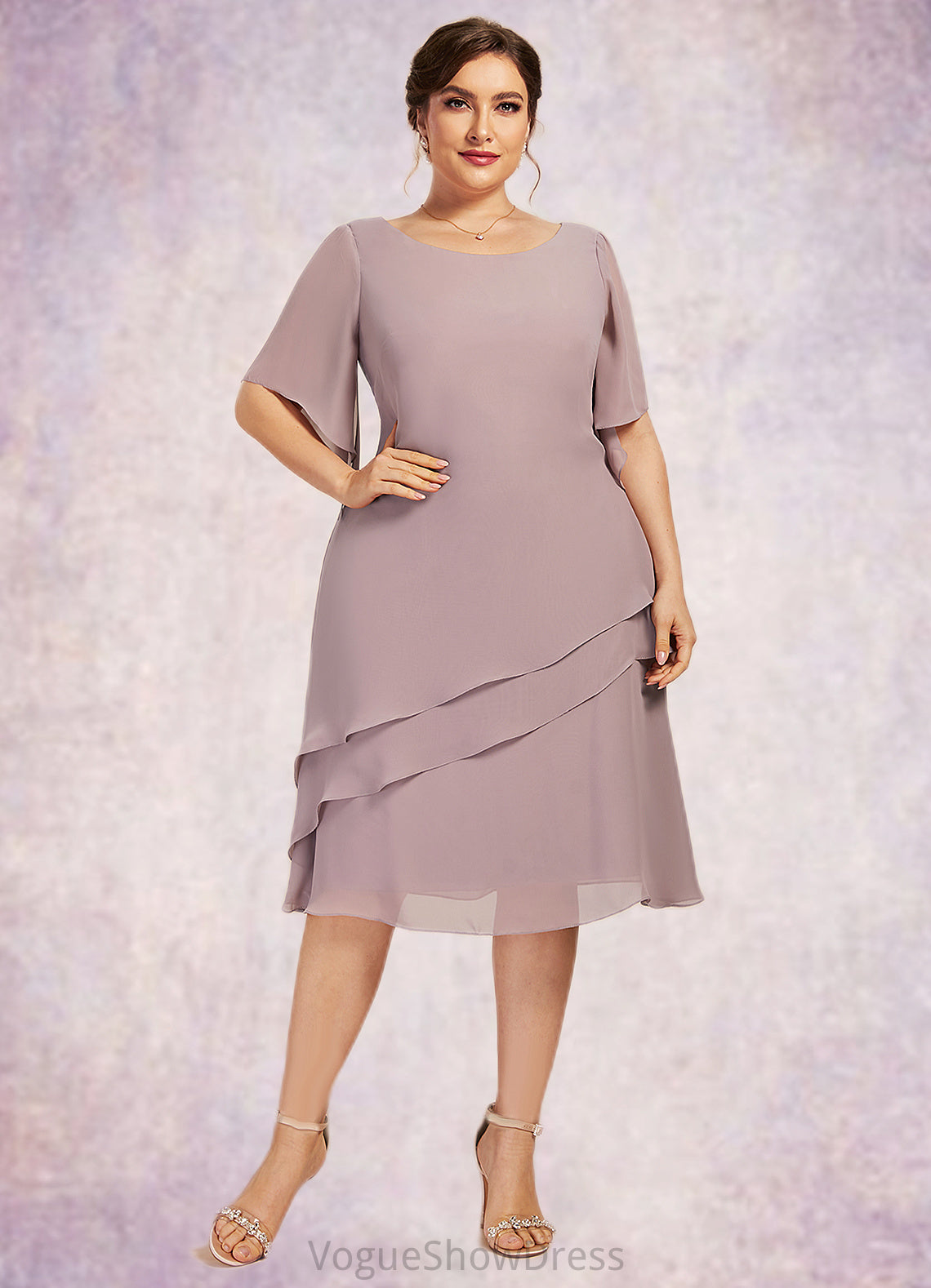 Azaria A-Line Scoop Neck Knee-Length Chiffon Mother of the Bride Dress With Cascading Ruffles DL126P0014755