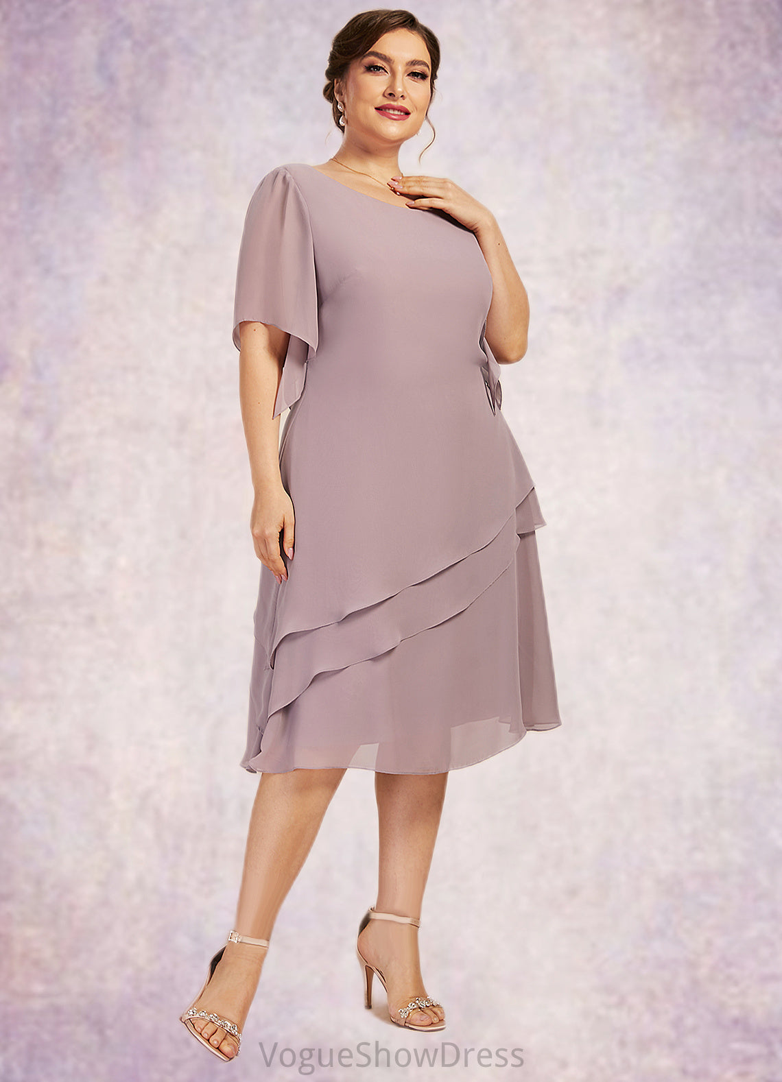 Azaria A-Line Scoop Neck Knee-Length Chiffon Mother of the Bride Dress With Cascading Ruffles DL126P0014755