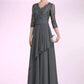 Haleigh A-Line V-neck Floor-Length Chiffon Lace Mother of the Bride Dress With Beading Sequins Cascading Ruffles DL126P0014756