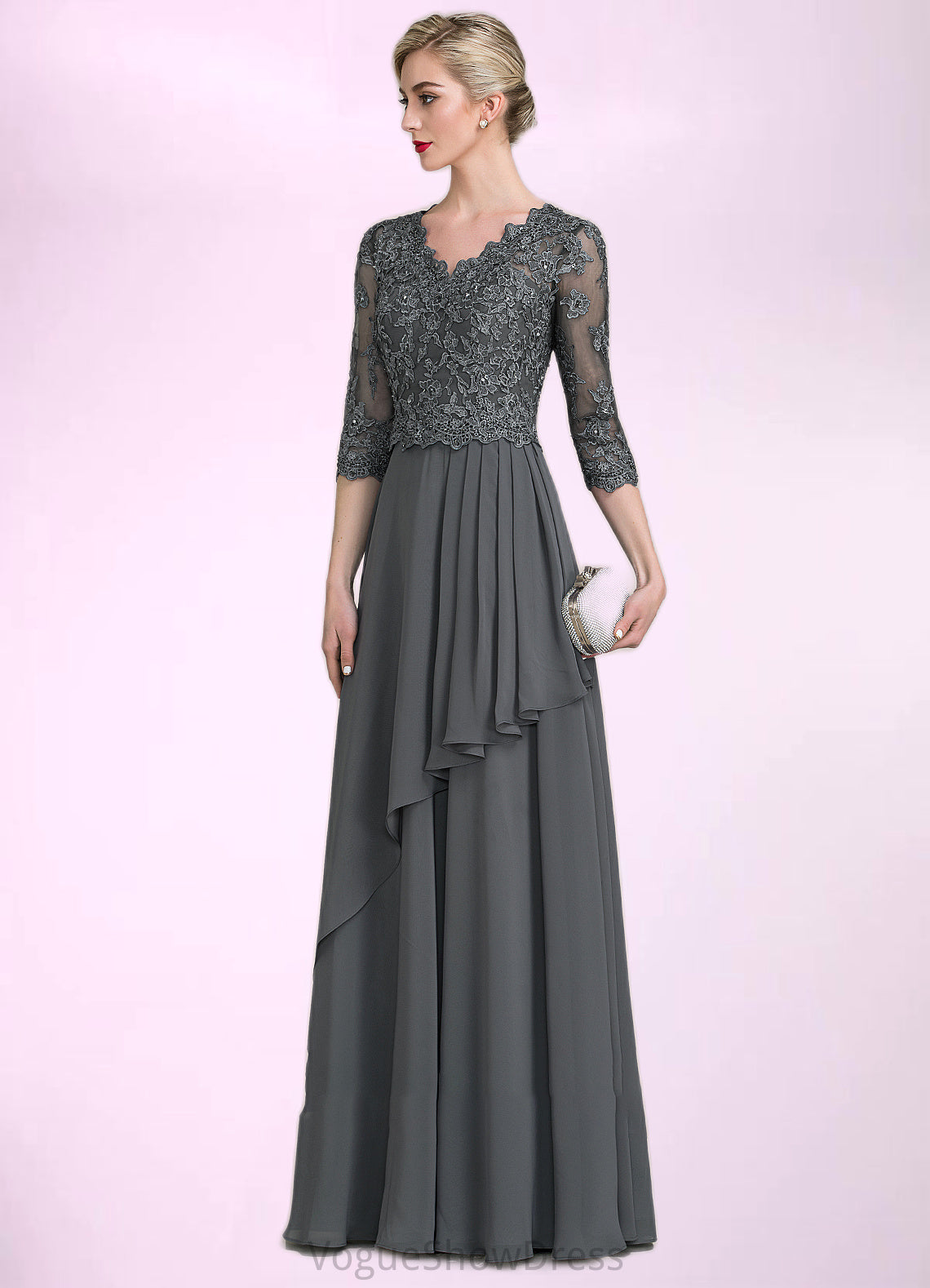 Haleigh A-Line V-neck Floor-Length Chiffon Lace Mother of the Bride Dress With Beading Sequins Cascading Ruffles DL126P0014756