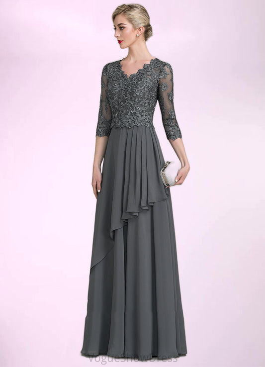 Haleigh A-Line V-neck Floor-Length Chiffon Lace Mother of the Bride Dress With Beading Sequins Cascading Ruffles DL126P0014756