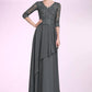 Haleigh A-Line V-neck Floor-Length Chiffon Lace Mother of the Bride Dress With Beading Sequins Cascading Ruffles DL126P0014756