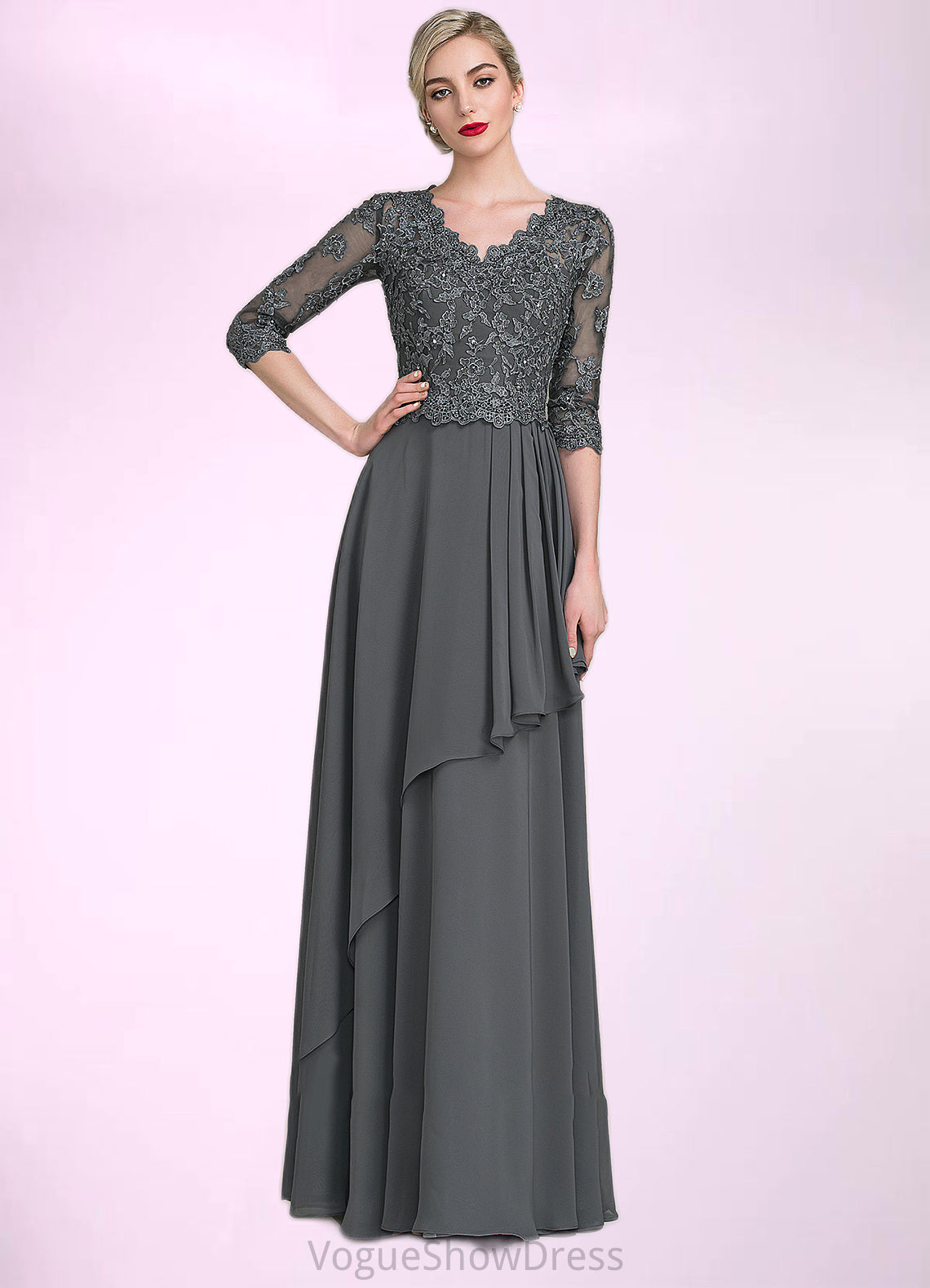 Haleigh A-Line V-neck Floor-Length Chiffon Lace Mother of the Bride Dress With Beading Sequins Cascading Ruffles DL126P0014756