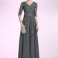 Haleigh A-Line V-neck Floor-Length Chiffon Lace Mother of the Bride Dress With Beading Sequins Cascading Ruffles DL126P0014756