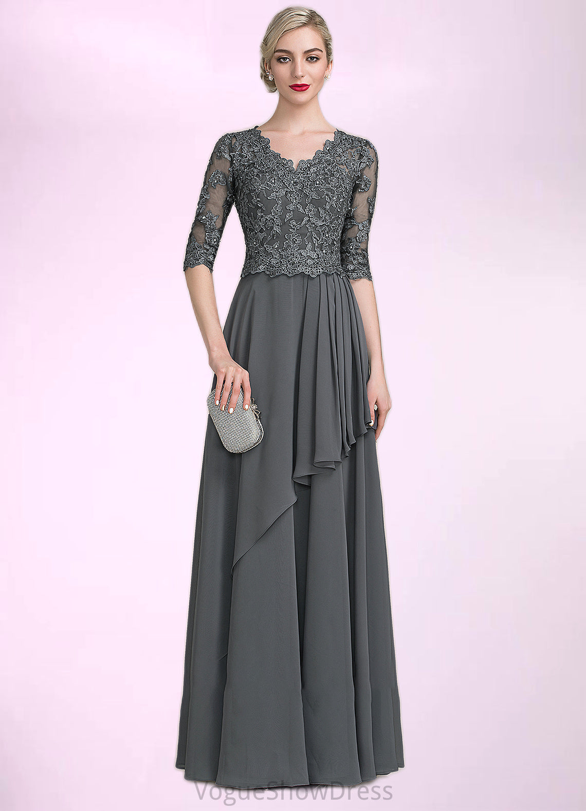 Haleigh A-Line V-neck Floor-Length Chiffon Lace Mother of the Bride Dress With Beading Sequins Cascading Ruffles DL126P0014756