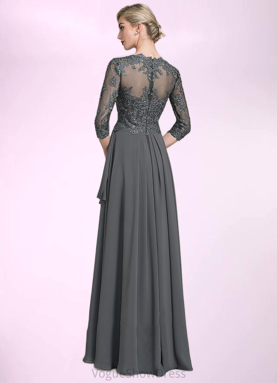 Haleigh A-Line V-neck Floor-Length Chiffon Lace Mother of the Bride Dress With Beading Sequins Cascading Ruffles DL126P0014756