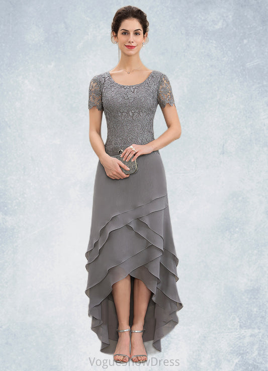 Hazel A-Line Scoop Neck Asymmetrical Chiffon Lace Mother of the Bride Dress With Cascading Ruffles DL126P0014757