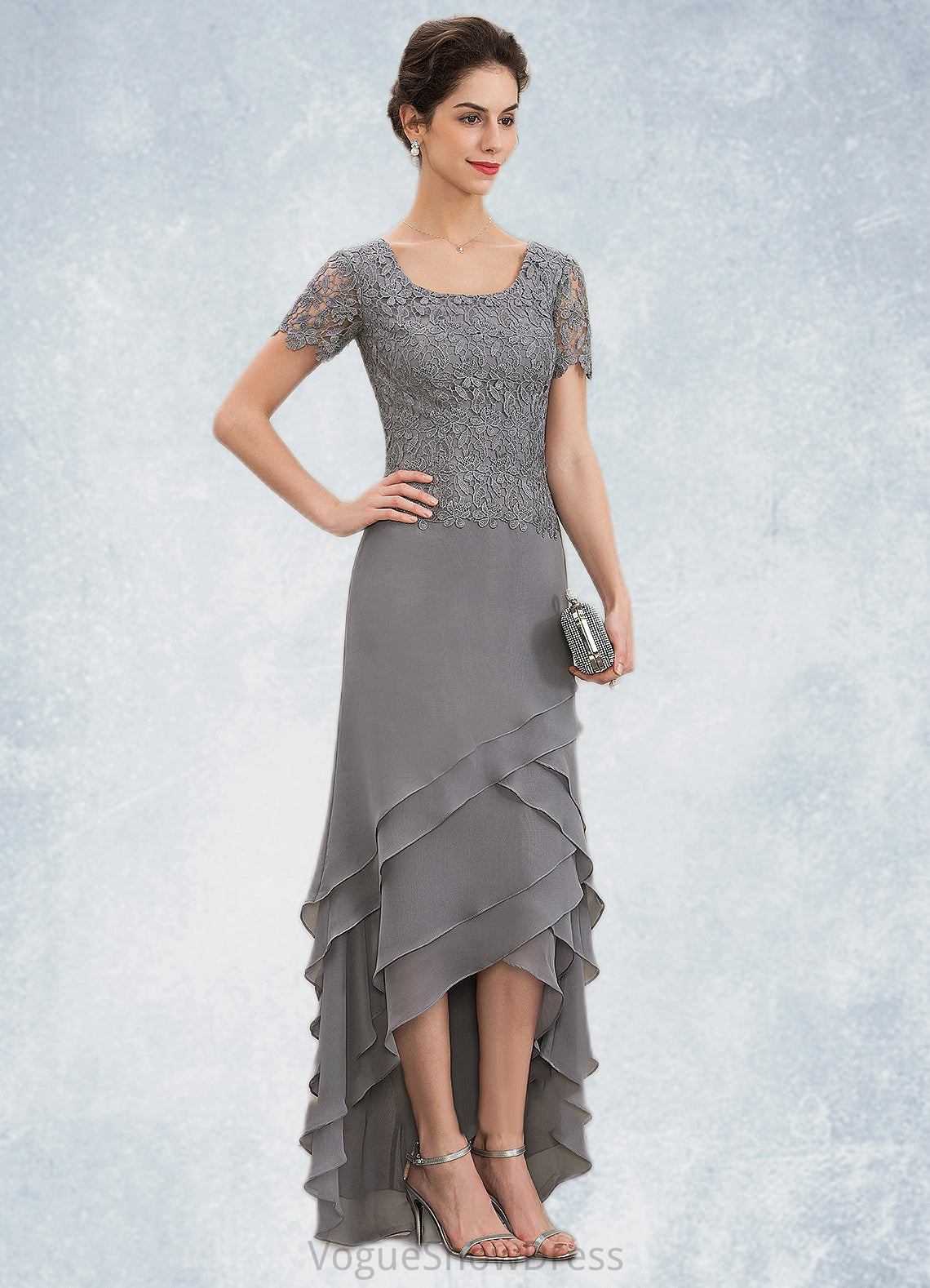 Hazel A-Line Scoop Neck Asymmetrical Chiffon Lace Mother of the Bride Dress With Cascading Ruffles DL126P0014757