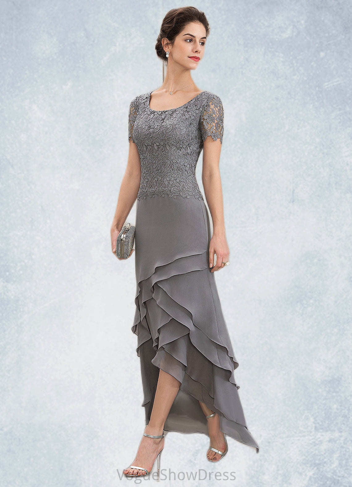 Hazel A-Line Scoop Neck Asymmetrical Chiffon Lace Mother of the Bride Dress With Cascading Ruffles DL126P0014757