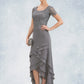 Hazel A-Line Scoop Neck Asymmetrical Chiffon Lace Mother of the Bride Dress With Cascading Ruffles DL126P0014757