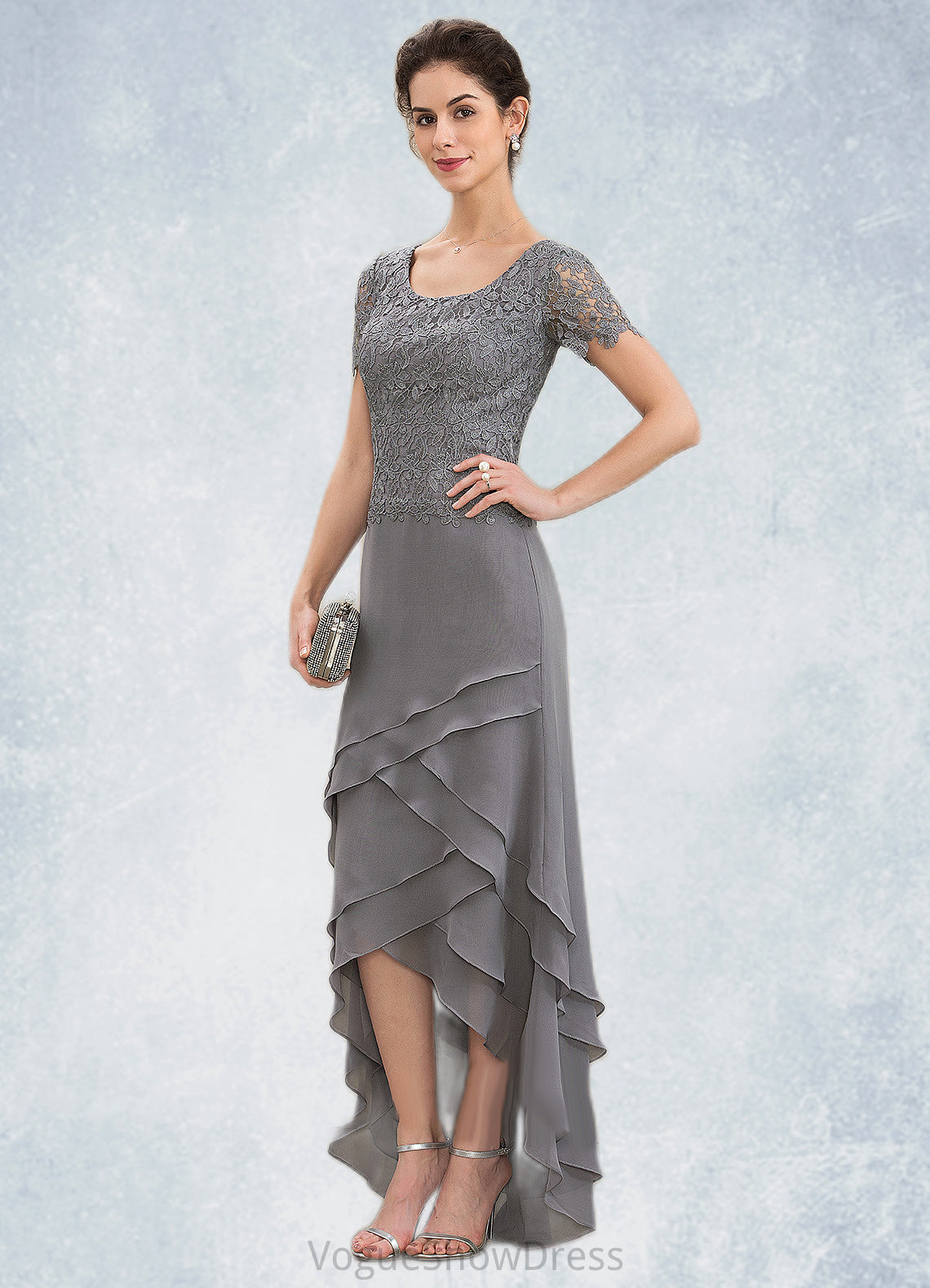 Hazel A-Line Scoop Neck Asymmetrical Chiffon Lace Mother of the Bride Dress With Cascading Ruffles DL126P0014757