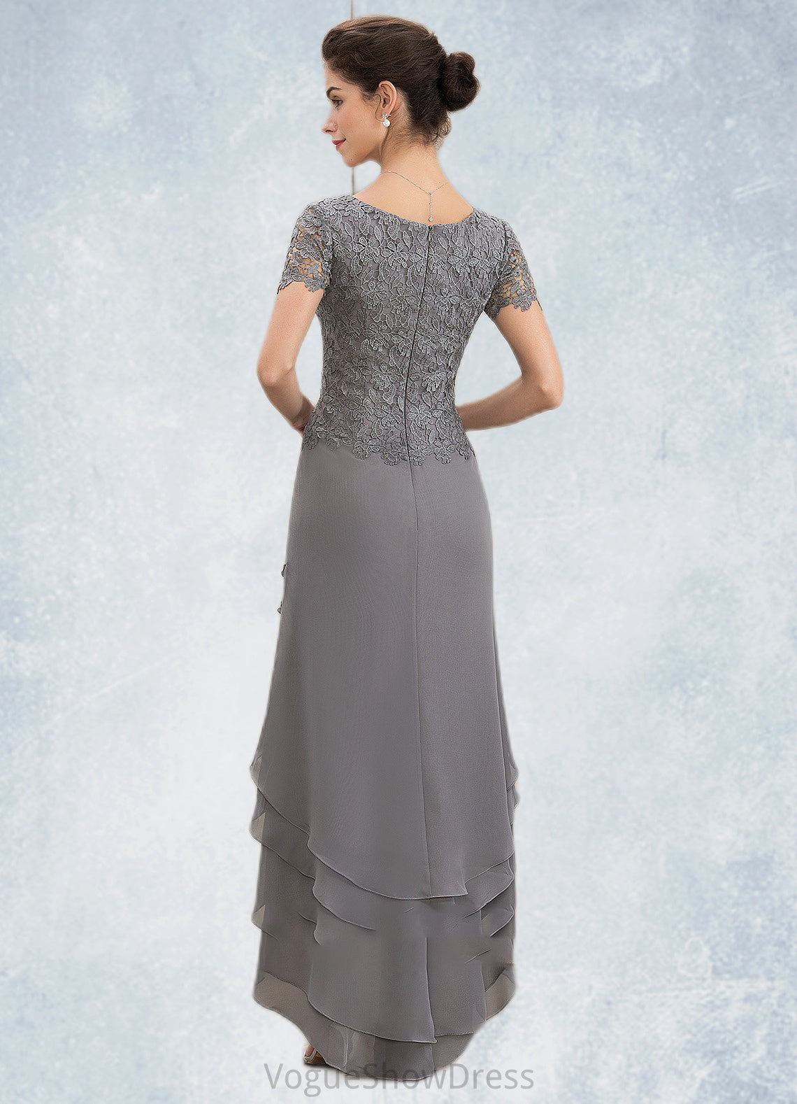 Hazel A-Line Scoop Neck Asymmetrical Chiffon Lace Mother of the Bride Dress With Cascading Ruffles DL126P0014757