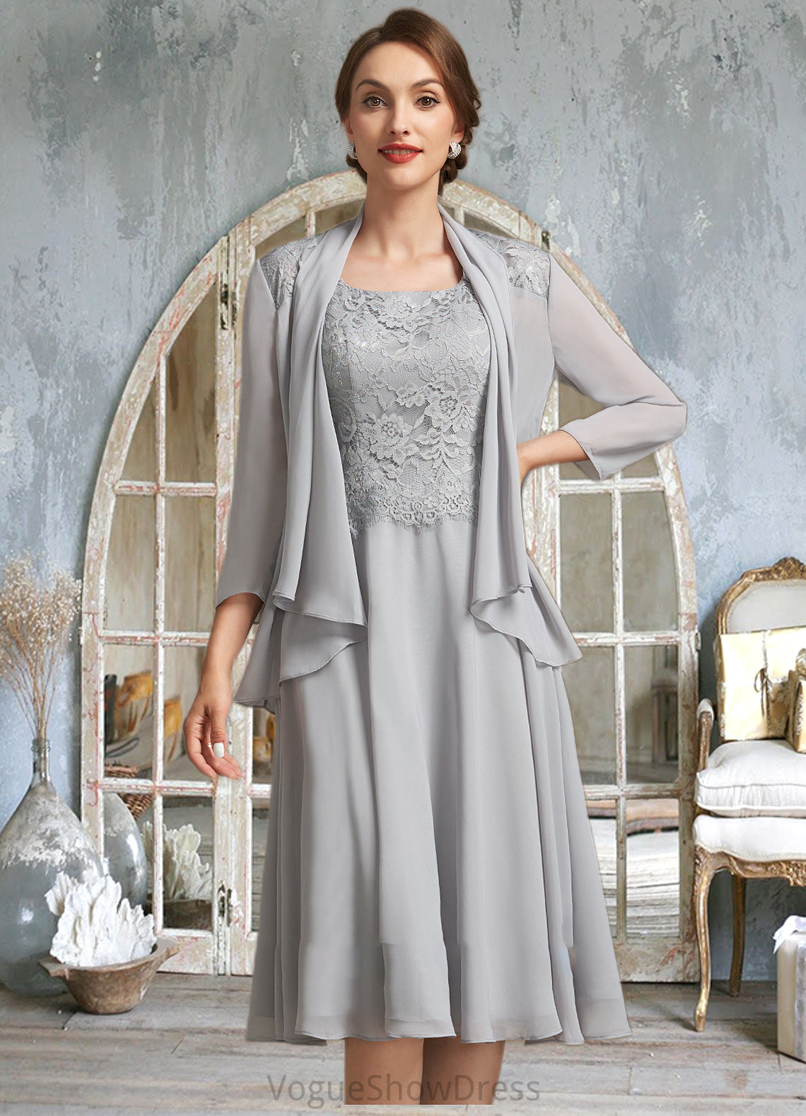 Keyla A-Line Square Neckline Knee-Length Chiffon Lace Mother of the Bride Dress DL126P0014759