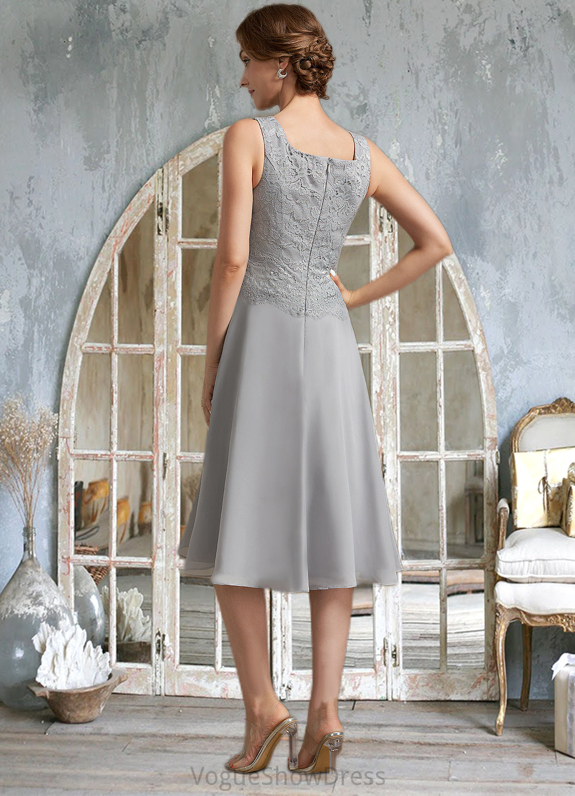 Keyla A-Line Square Neckline Knee-Length Chiffon Lace Mother of the Bride Dress DL126P0014759