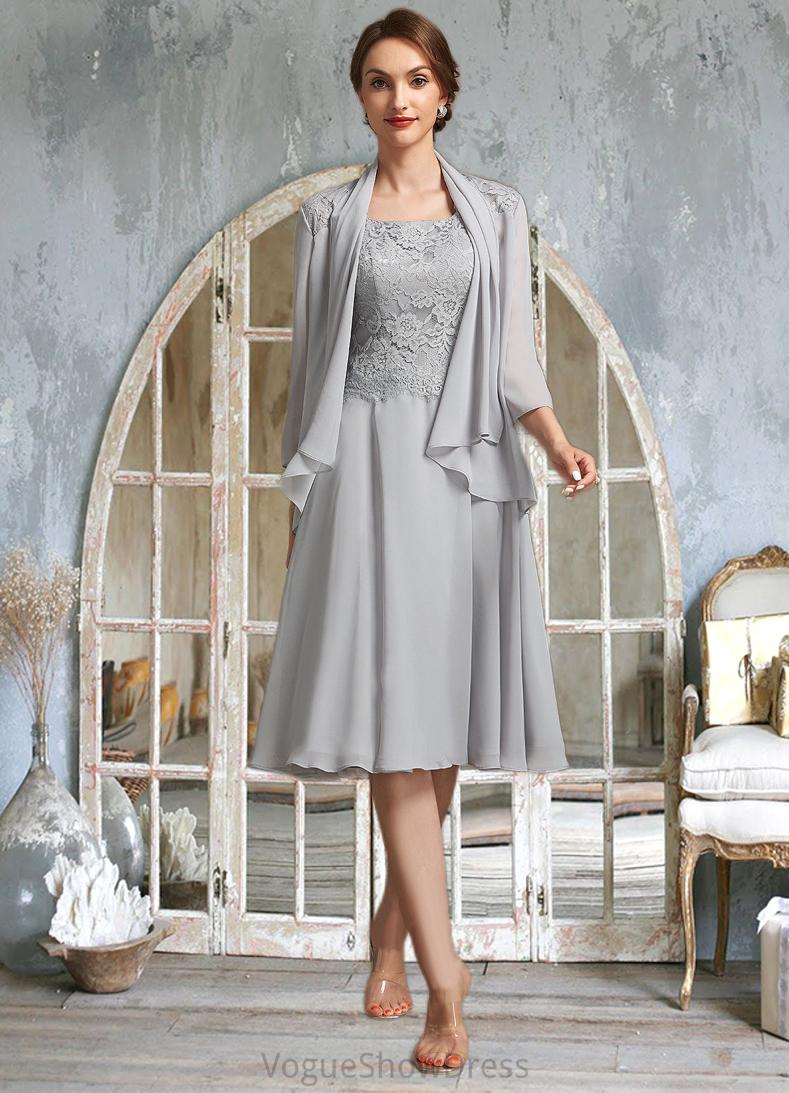 Keyla A-Line Square Neckline Knee-Length Chiffon Lace Mother of the Bride Dress DL126P0014759