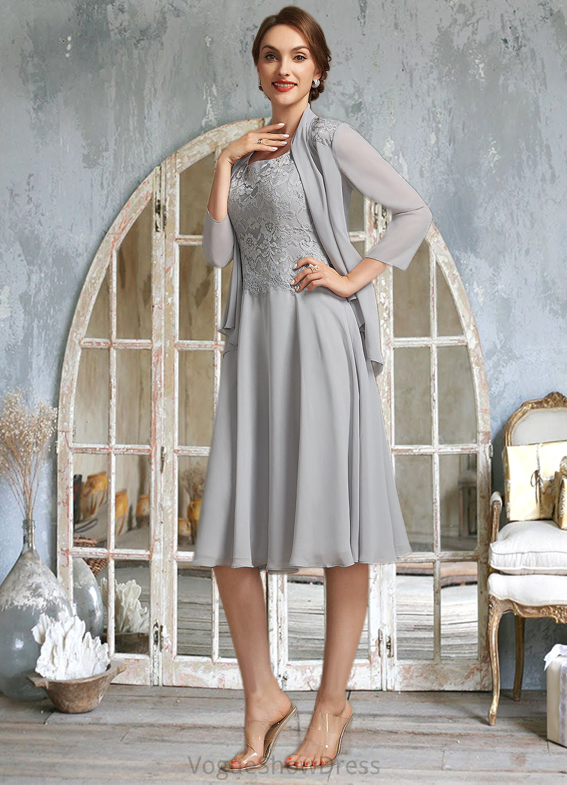 Keyla A-Line Square Neckline Knee-Length Chiffon Lace Mother of the Bride Dress DL126P0014759