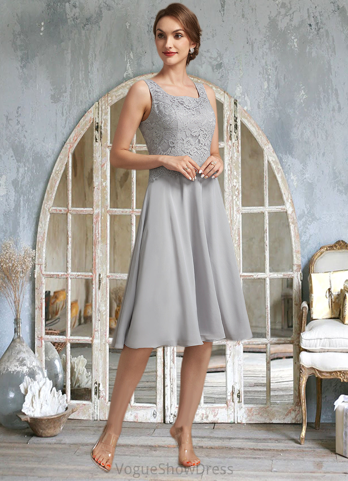 Keyla A-Line Square Neckline Knee-Length Chiffon Lace Mother of the Bride Dress DL126P0014759