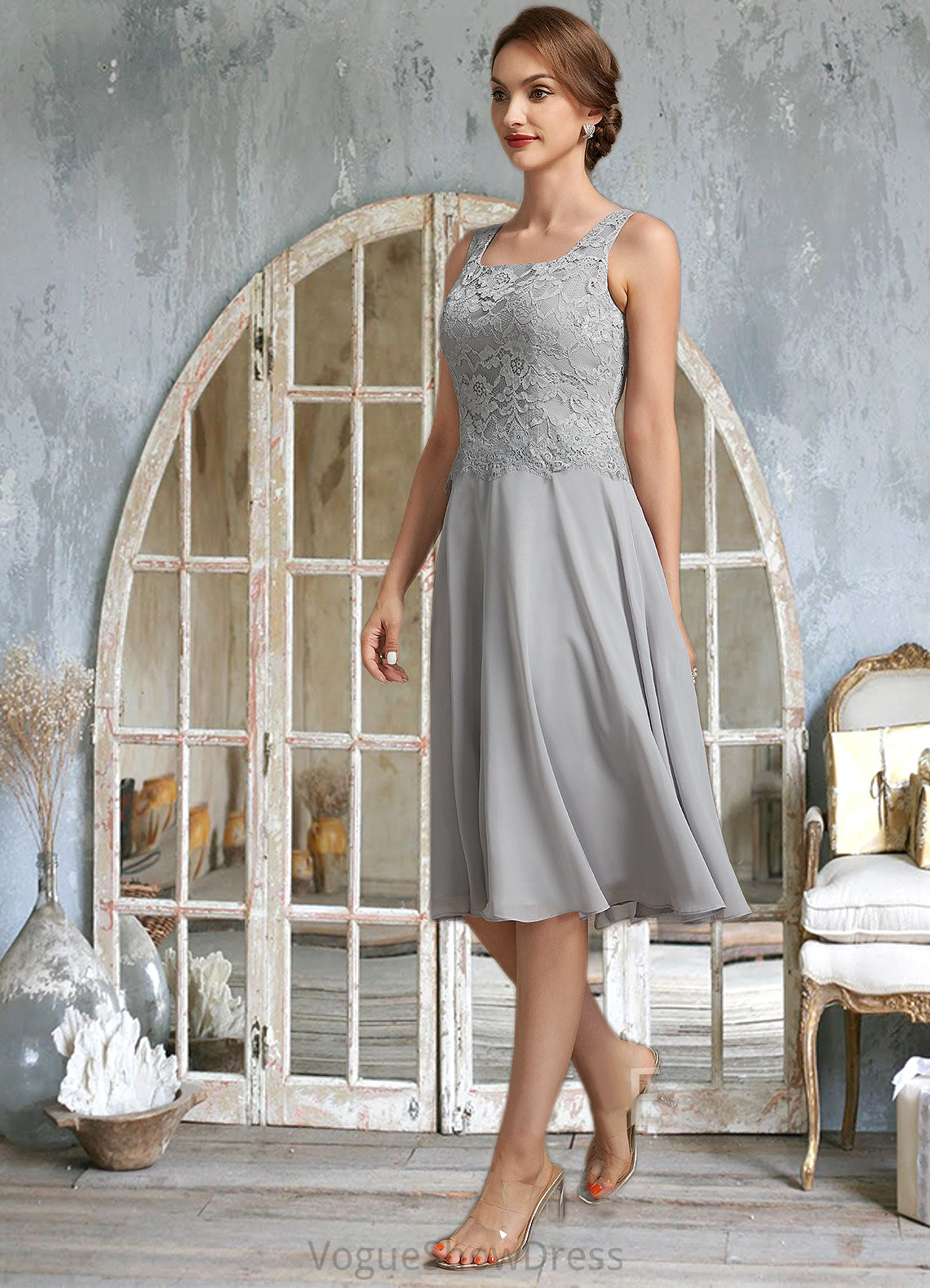 Keyla A-Line Square Neckline Knee-Length Chiffon Lace Mother of the Bride Dress DL126P0014759