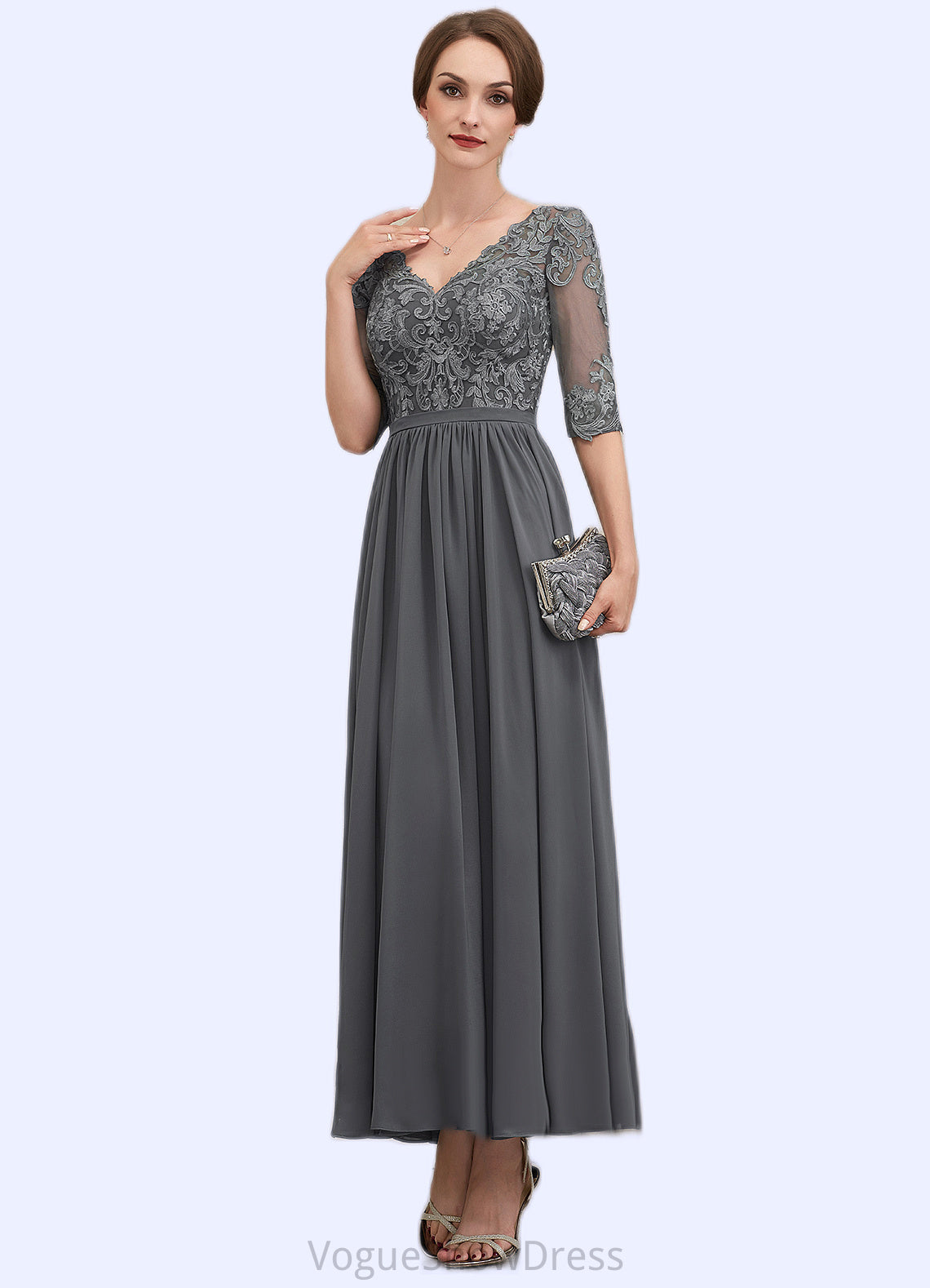 Daphne A-line V-Neck Ankle-Length Chiffon Lace Mother of the Bride Dress DL126P0014760