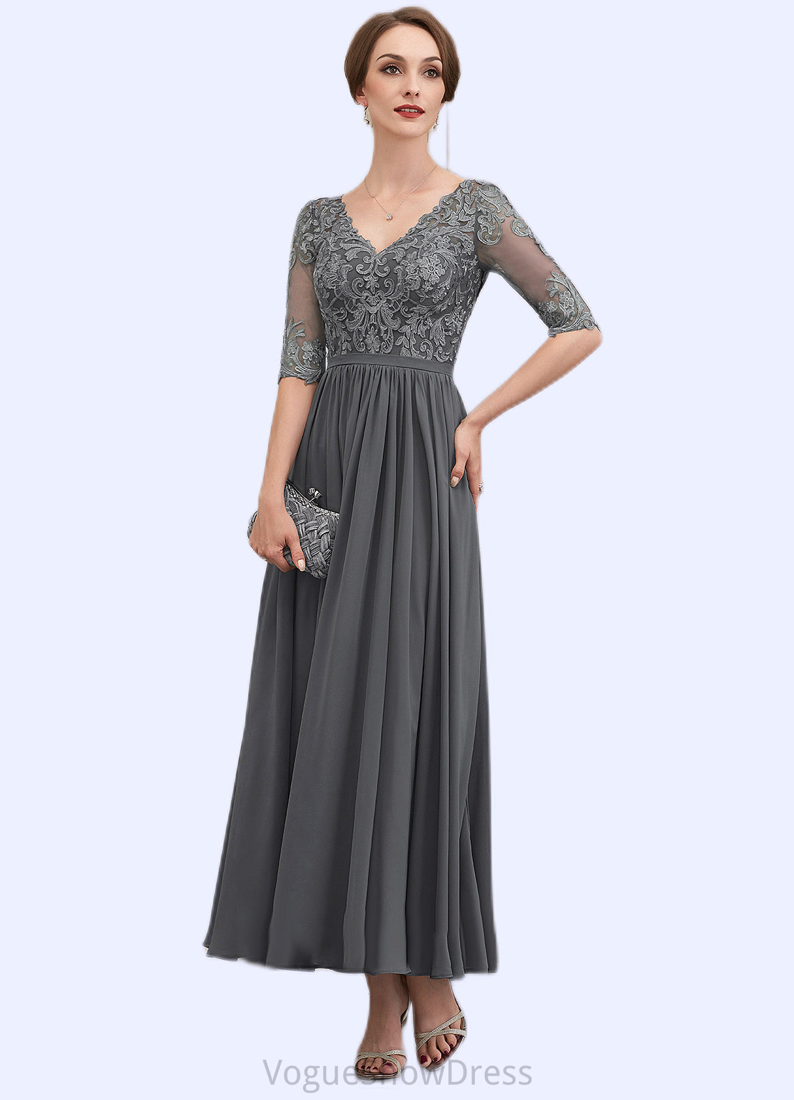 Daphne A-line V-Neck Ankle-Length Chiffon Lace Mother of the Bride Dress DL126P0014760