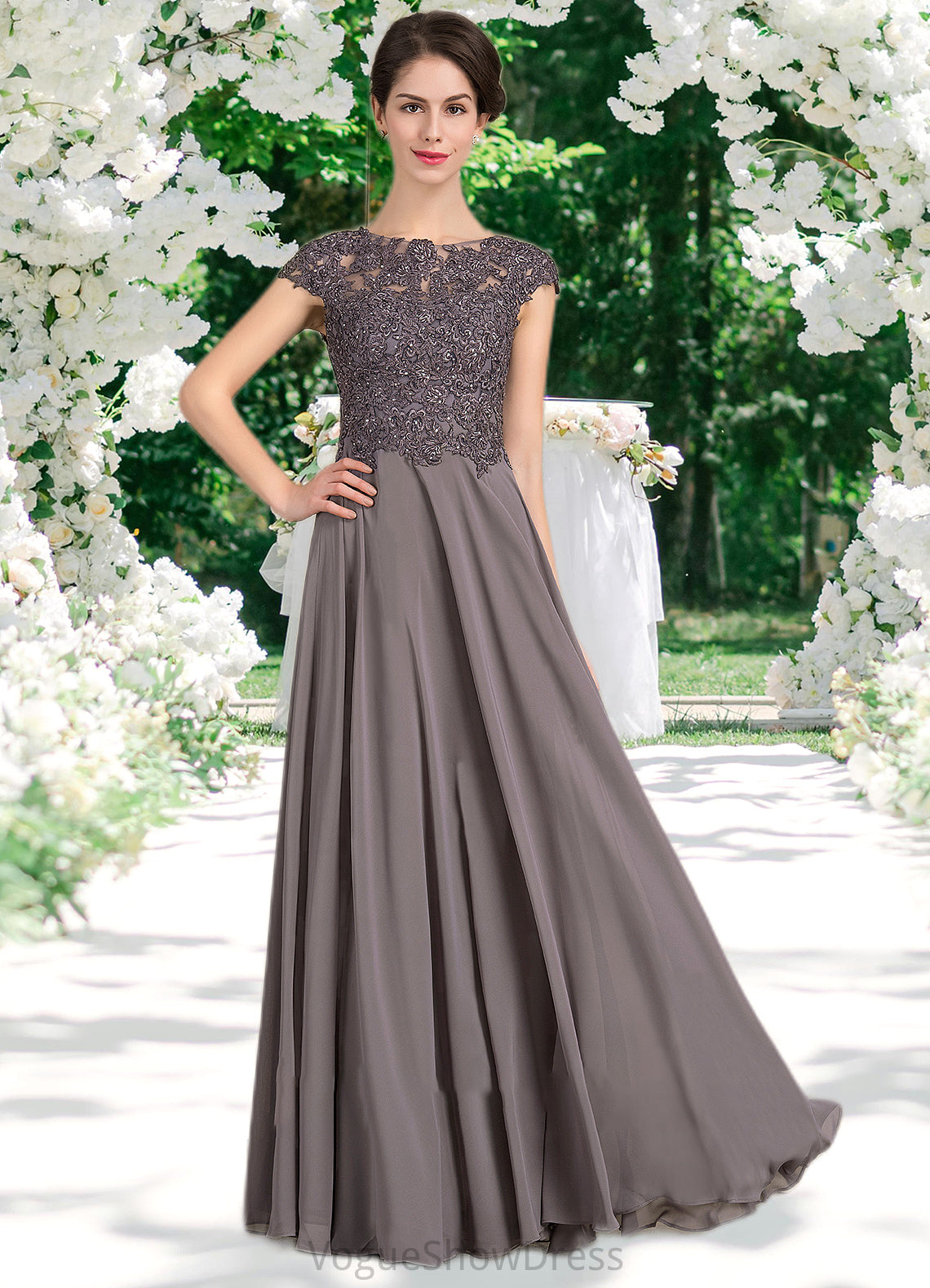 Alma A-Line Scoop Neck Floor-Length Chiffon Lace Mother of the Bride Dress With Beading DL126P0014761