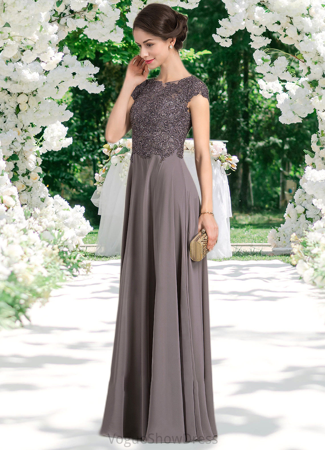 Alma A-Line Scoop Neck Floor-Length Chiffon Lace Mother of the Bride Dress With Beading DL126P0014761