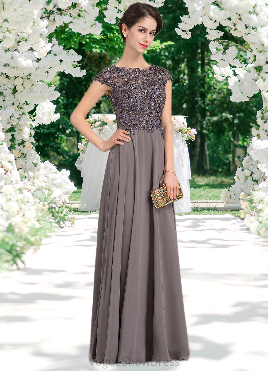 Alma A-Line Scoop Neck Floor-Length Chiffon Lace Mother of the Bride Dress With Beading DL126P0014761