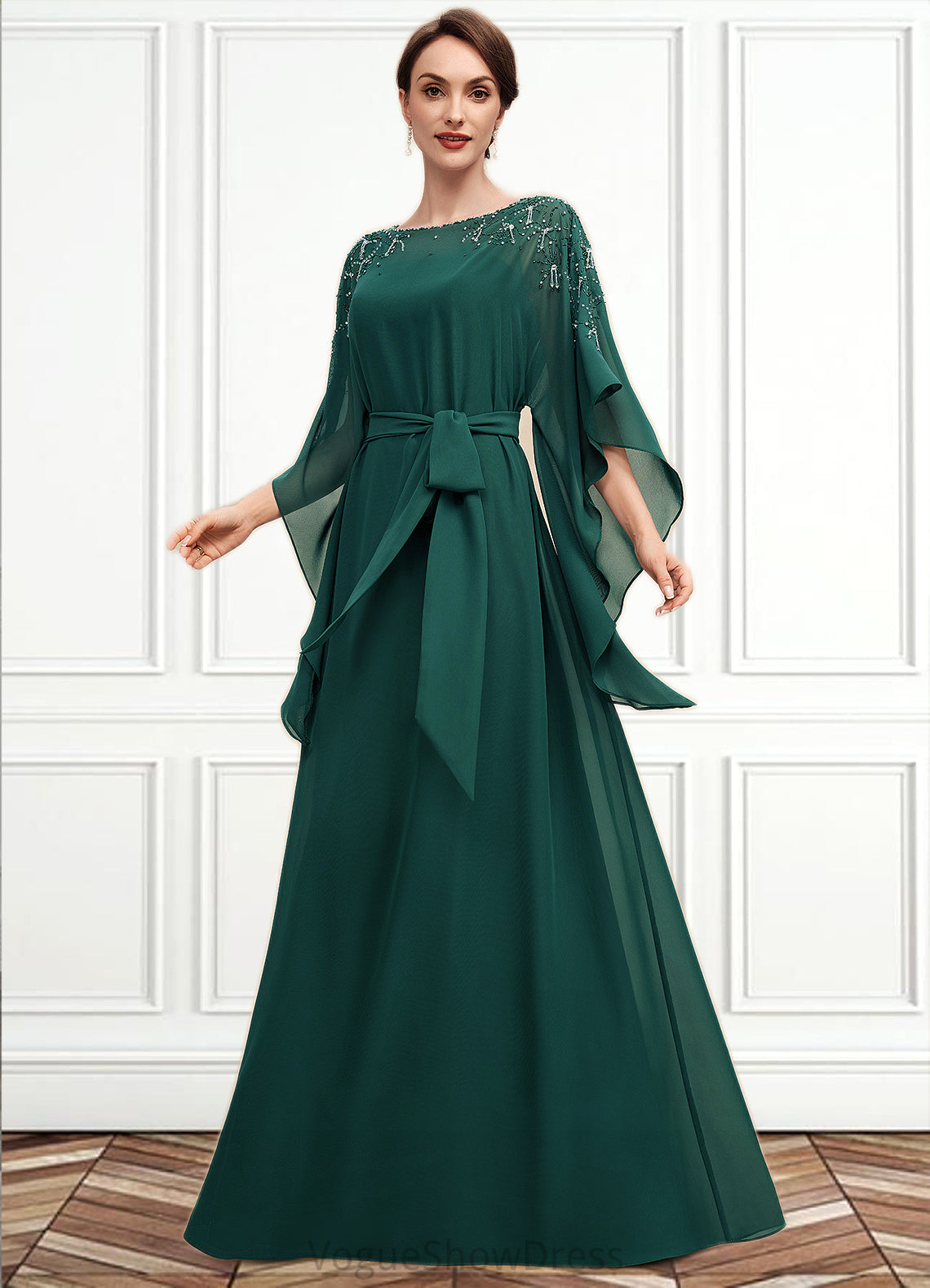 Talia A-Line Scoop Neck Floor-Length Chiffon Mother of the Bride Dress With Beading Bow(s) DL126P0014763