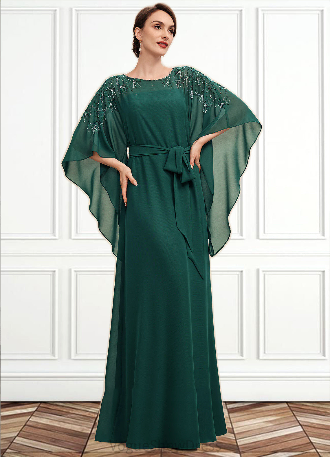 Talia A-Line Scoop Neck Floor-Length Chiffon Mother of the Bride Dress With Beading Bow(s) DL126P0014763