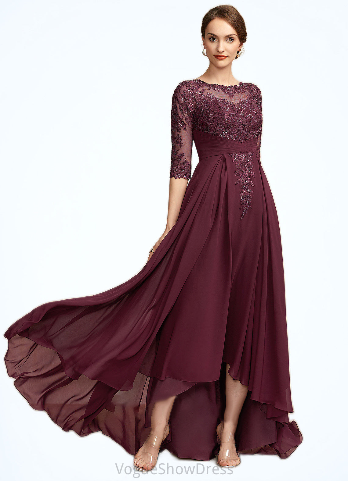 Athena A-Line Scoop Neck Asymmetrical Chiffon Lace Mother of the Bride Dress With Ruffle Sequins DL126P0014765