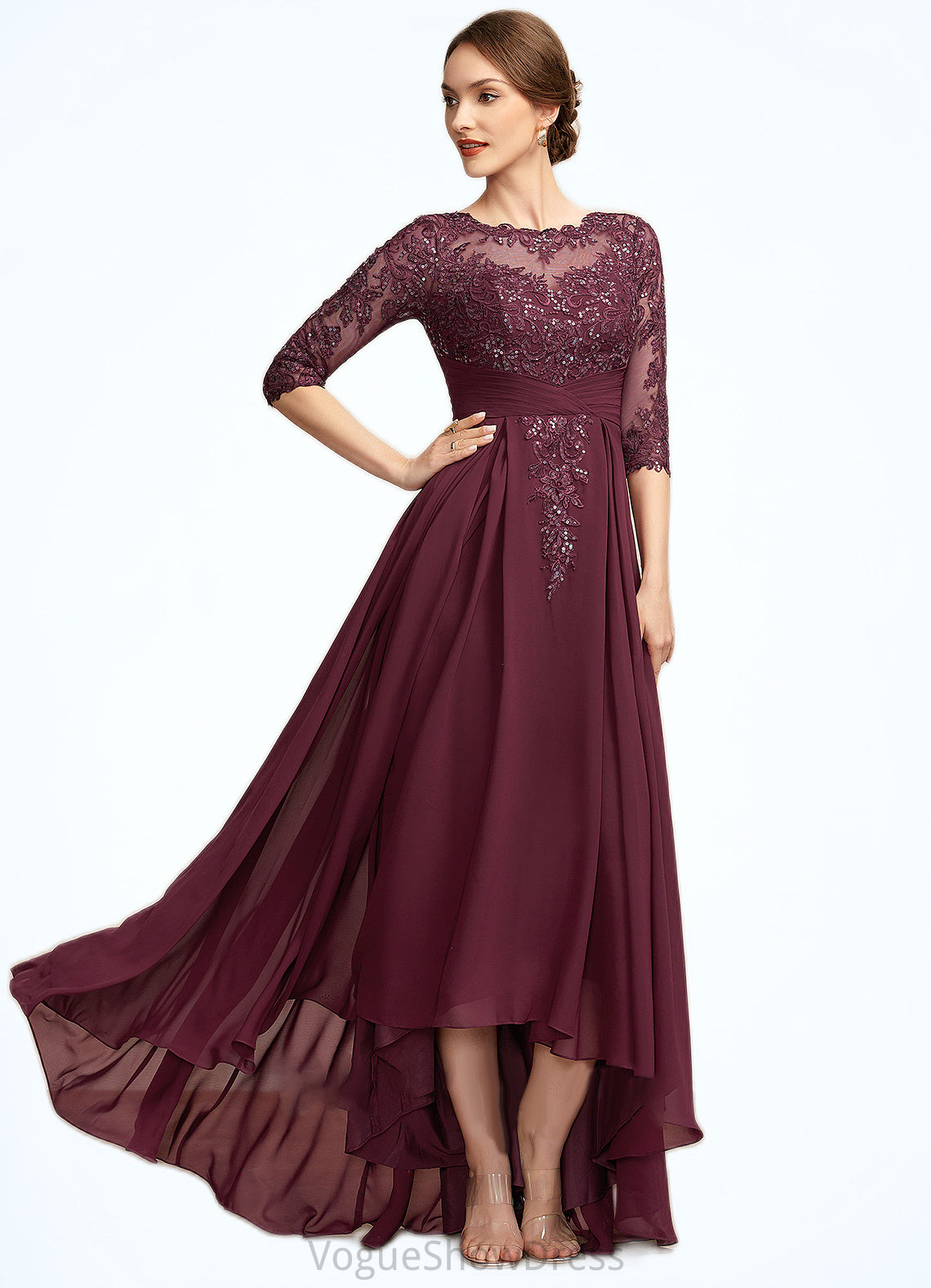 Athena A-Line Scoop Neck Asymmetrical Chiffon Lace Mother of the Bride Dress With Ruffle Sequins DL126P0014765