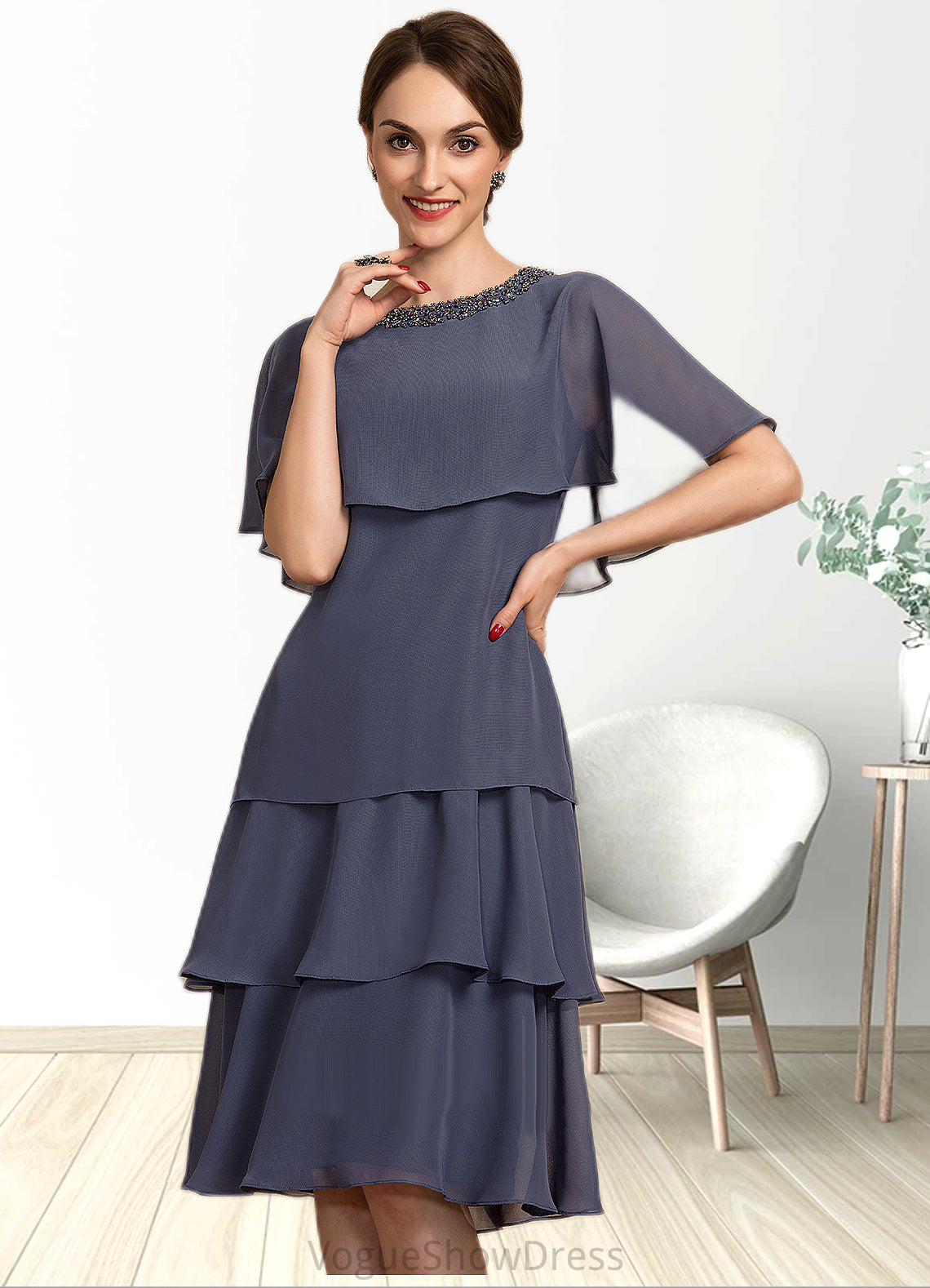 Valentina A-Line Scoop Neck Knee-Length Chiffon Mother of the Bride Dress With Beading Sequins Cascading Ruffles DL126P0014768