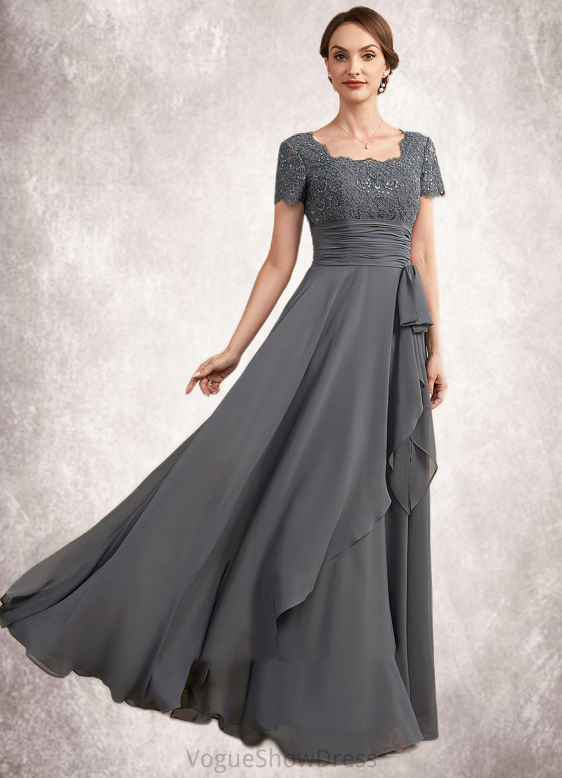 Bella A-Line Square Neckline Floor-Length Chiffon Lace Mother of the Bride Dress With Ruffle Sequins DL126P0014770