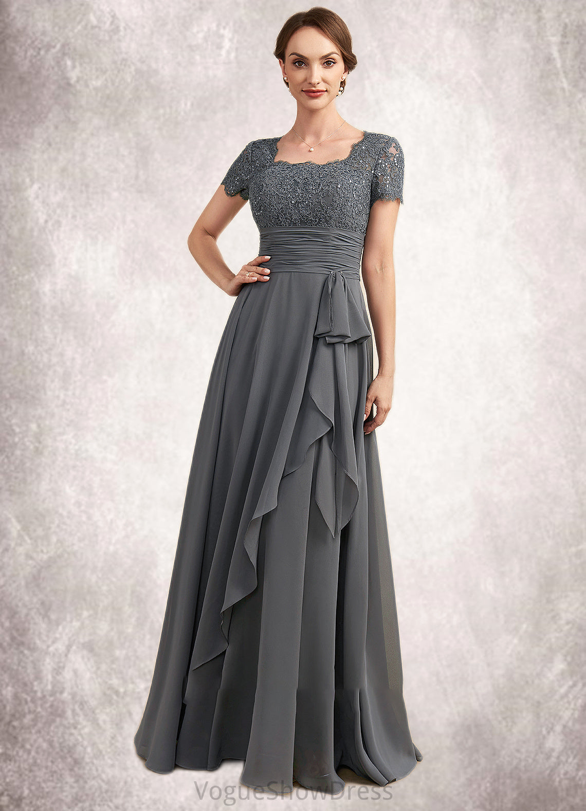 Bella A-Line Square Neckline Floor-Length Chiffon Lace Mother of the Bride Dress With Ruffle Sequins DL126P0014770