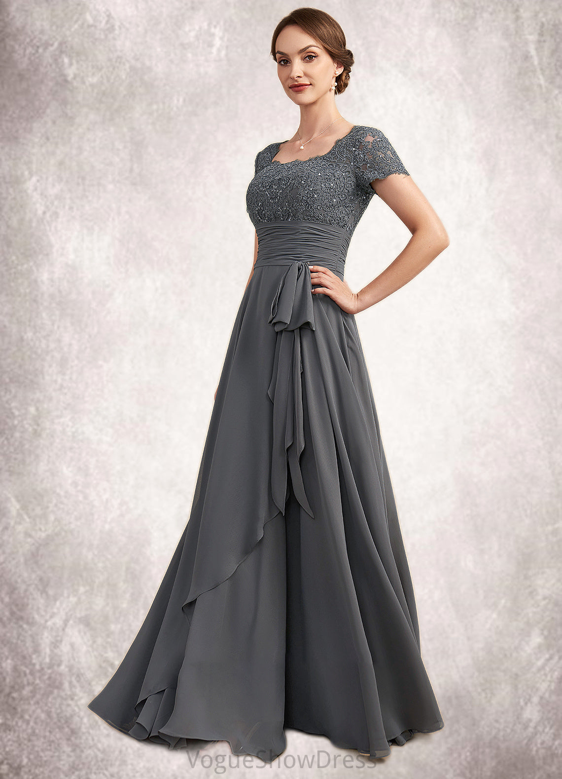 Bella A-Line Square Neckline Floor-Length Chiffon Lace Mother of the Bride Dress With Ruffle Sequins DL126P0014770