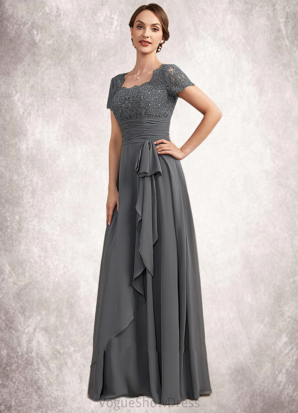 Bella A-Line Square Neckline Floor-Length Chiffon Lace Mother of the Bride Dress With Ruffle Sequins DL126P0014770