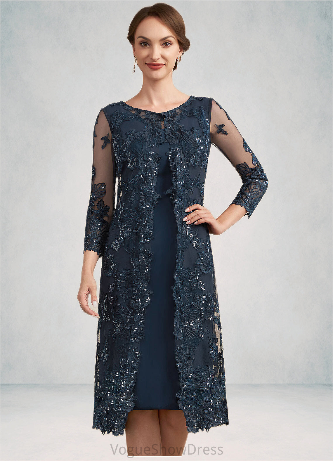 Eliana Sheath/Column Scoop Neck Knee-Length Chiffon Lace Mother of the Bride Dress With Sequins DL126P0014771