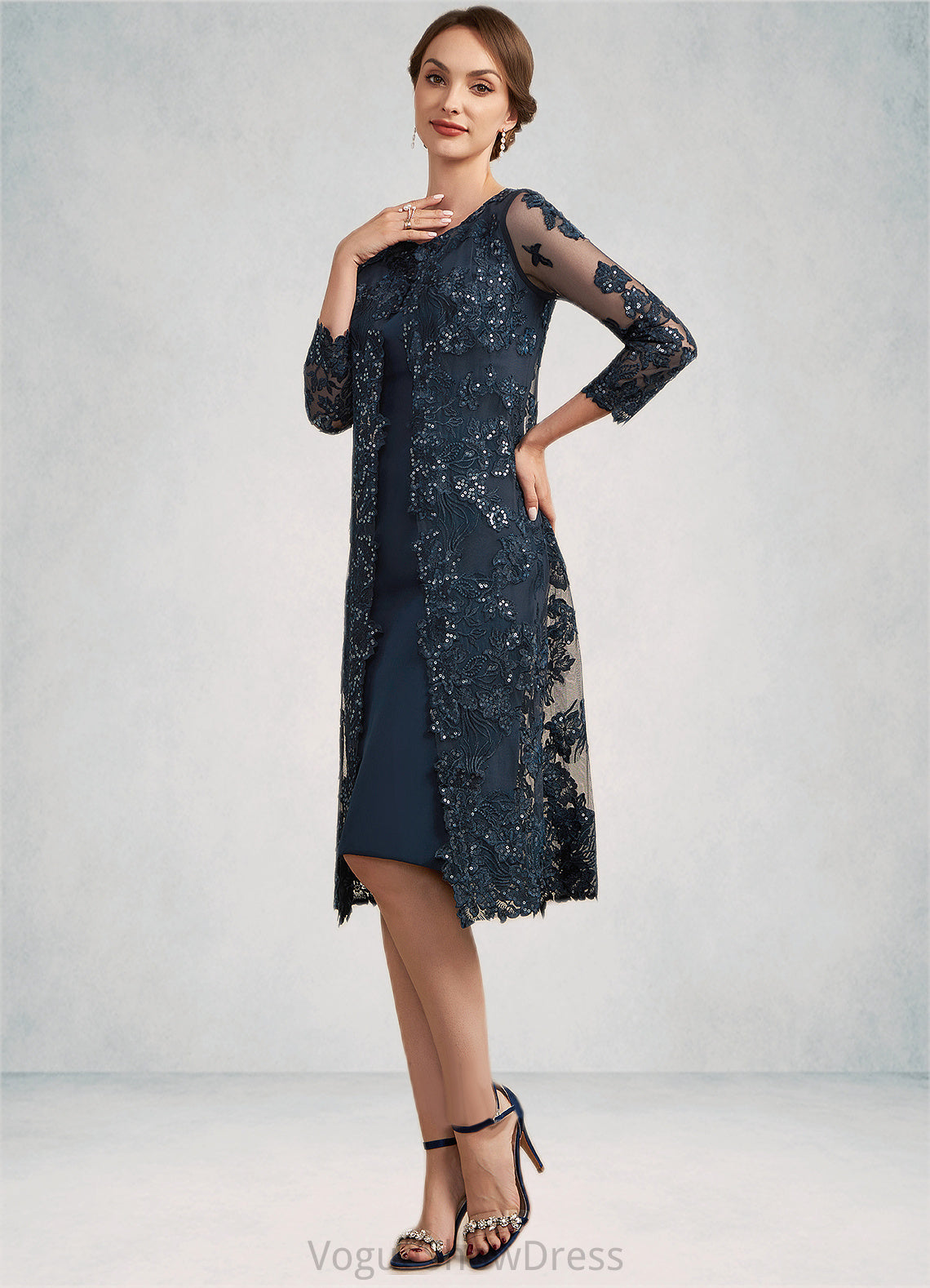 Eliana Sheath/Column Scoop Neck Knee-Length Chiffon Lace Mother of the Bride Dress With Sequins DL126P0014771