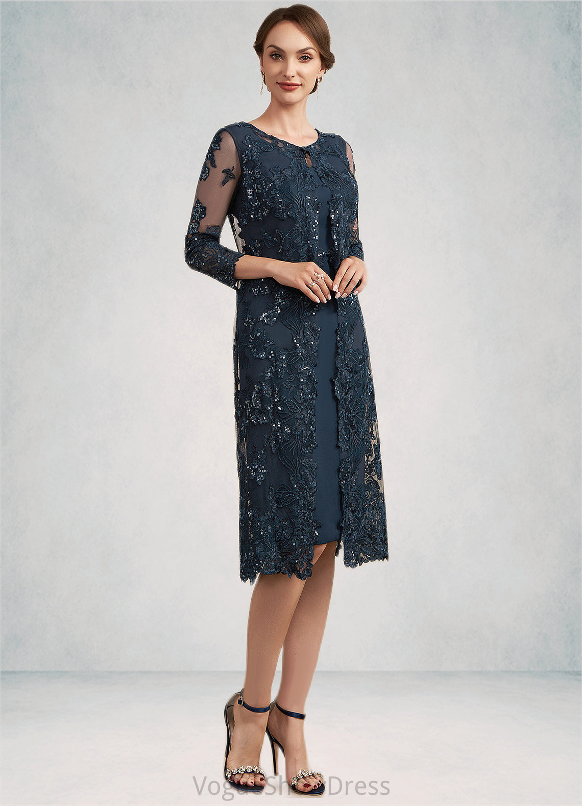 Eliana Sheath/Column Scoop Neck Knee-Length Chiffon Lace Mother of the Bride Dress With Sequins DL126P0014771