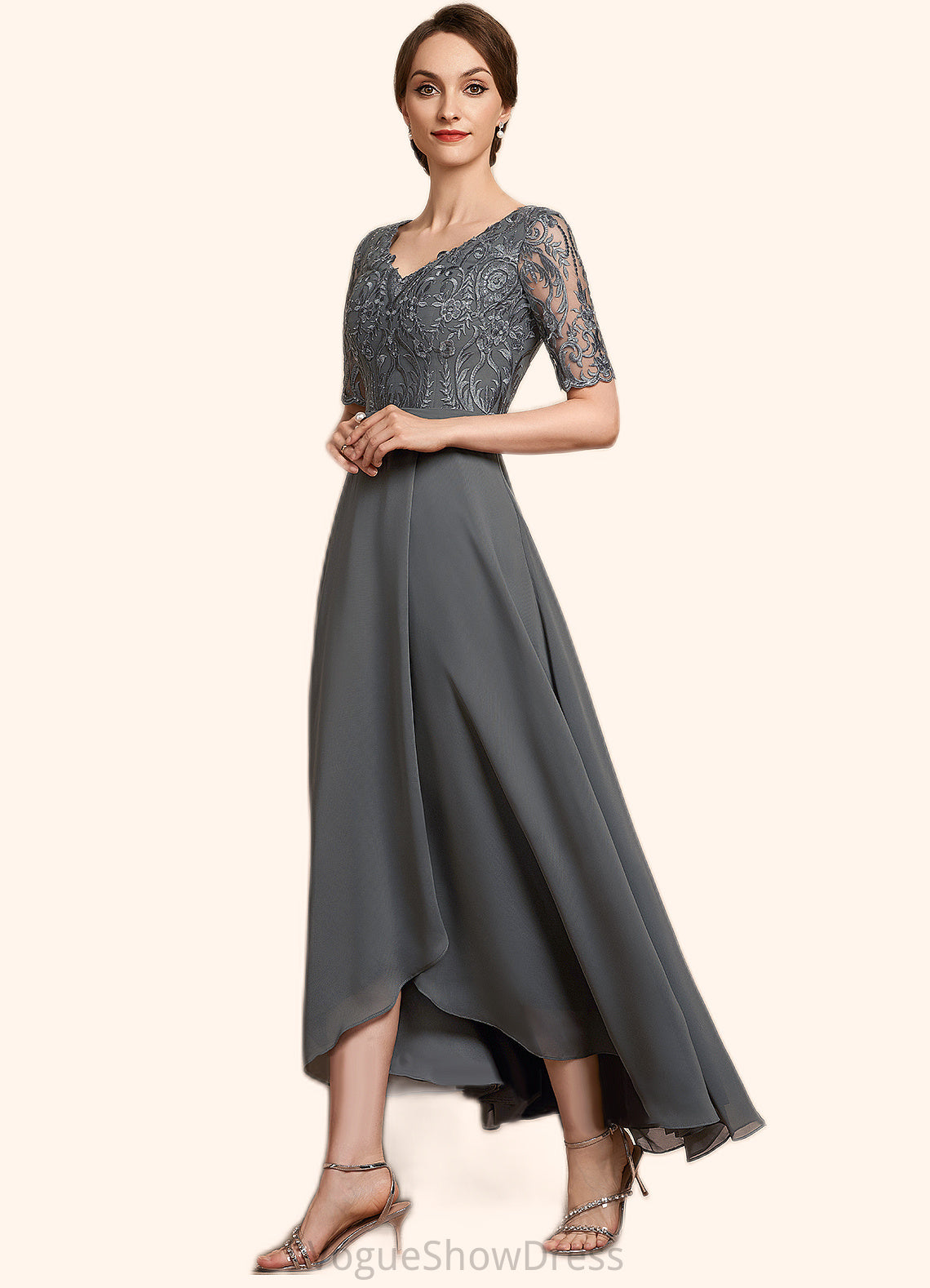 Naomi A-Line V-neck Asymmetrical Chiffon Lace Mother of the Bride Dress DL126P0014772