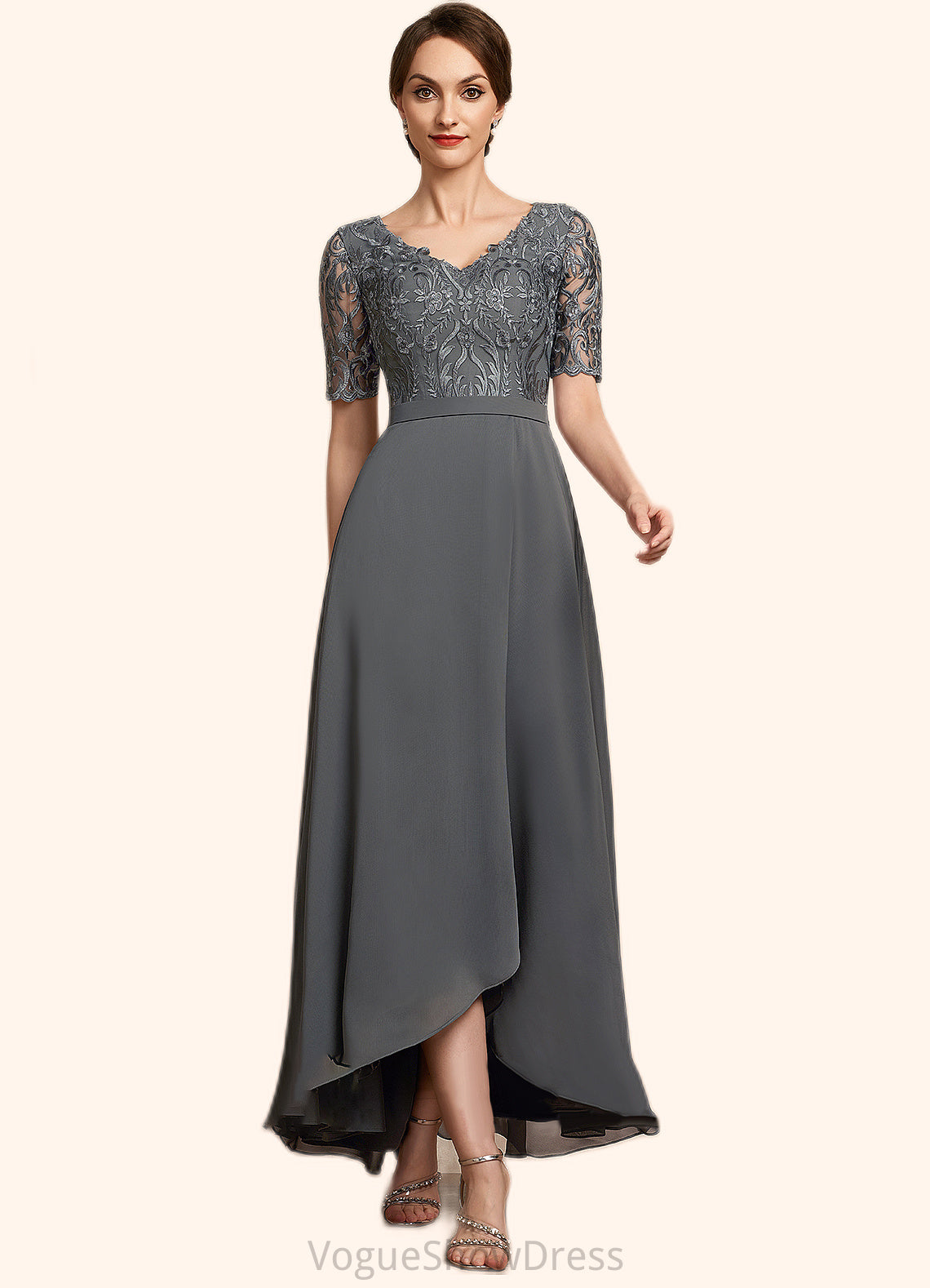 Naomi A-Line V-neck Asymmetrical Chiffon Lace Mother of the Bride Dress DL126P0014772